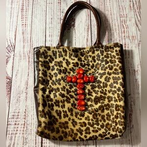 Leopard Print Tote by KurtMen Design. Brown leather with Red Cross/Bling Detail